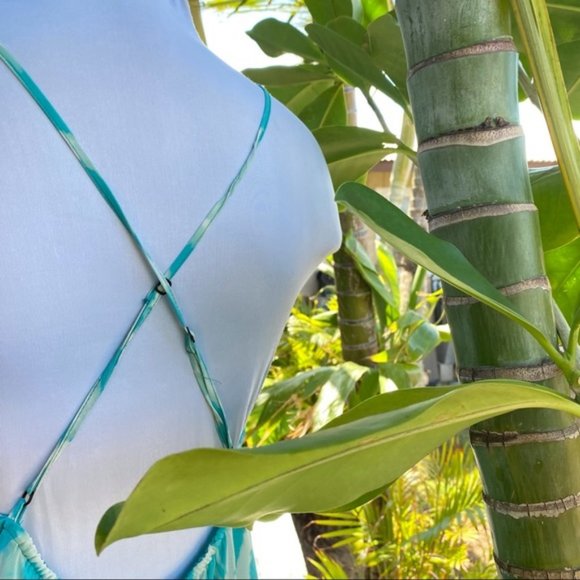 Guess Los Angeles  long aqua and white spaghetti strap elastic waist dress sz L - Picture 11 of 13